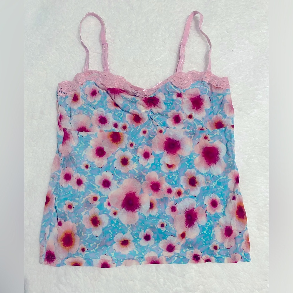 Jolie Pink and Blue Floral Cropped Sheer Camisole with Fitted Spaghetti Straps